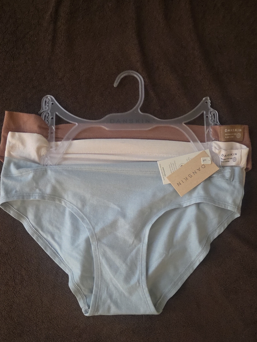 NWT Danskin Three-Pack Bikini Panties in Light Blue, Cream & Brown